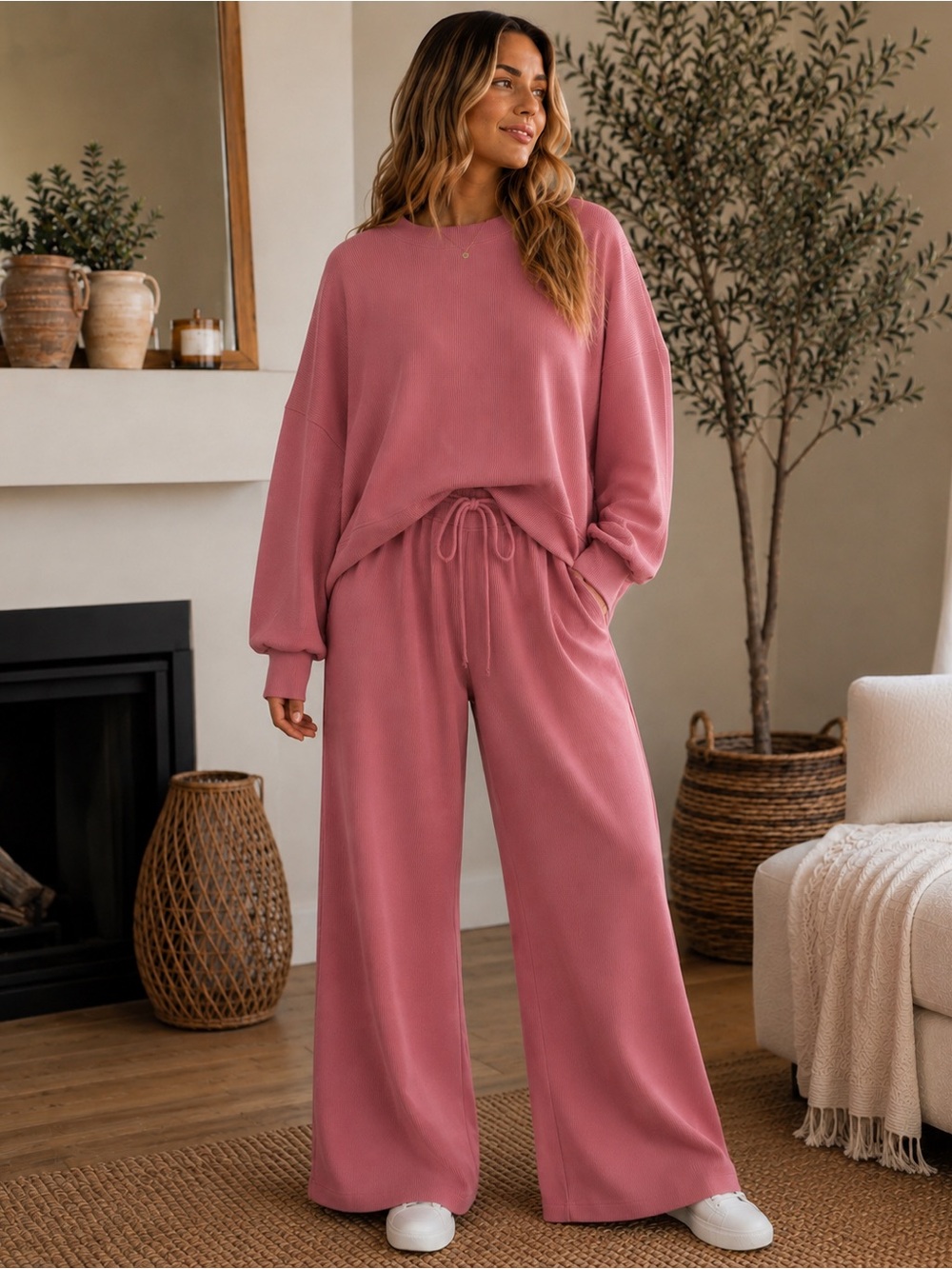 ZENANA Ribbed Lounge Set Dusty Rose Batwing Top Wide Leg Pants M NWOT